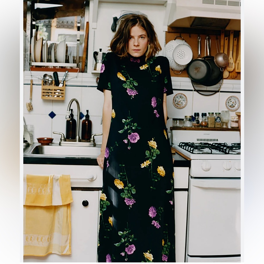 Louna Floral Asian Inspried Satin Cotton High Mock Neck Grunge 90s Midi Dress